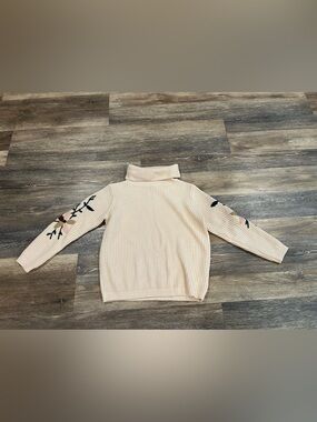 Turtleneck Ribbed Sweater with Embroidered Sleeves - Cream